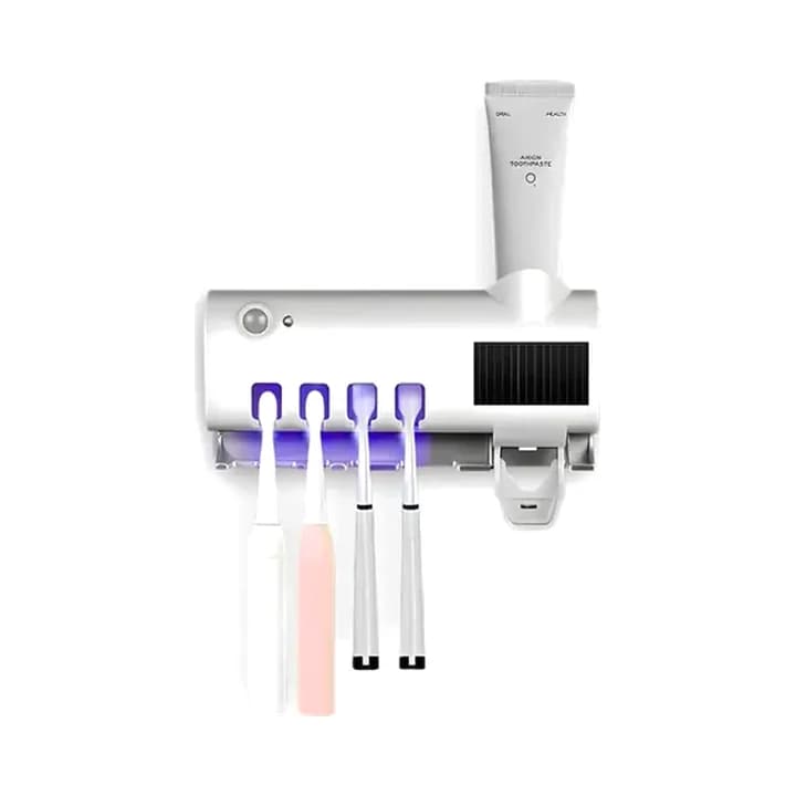 Suporte branco de parede para escovas e pasta, com luz UV