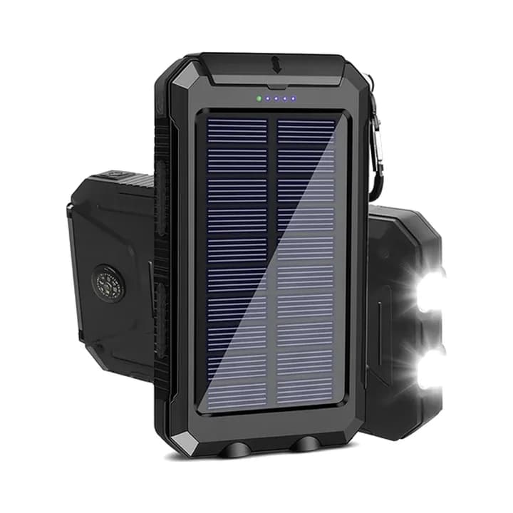 Carregador portátil preto com painel solar e lanterna